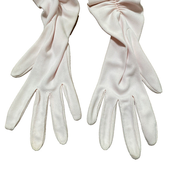 Vintage Light Pale PINK Cotton Formal Gloves Below Elbow Ruched Elastic Details - Picture 3 of 7